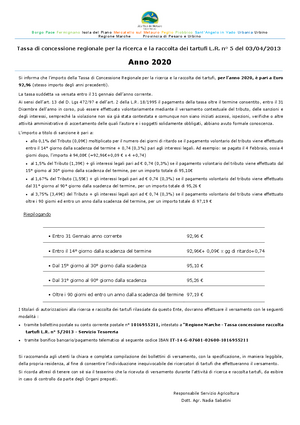 TASSA REGIONALE TARTUFI 2020